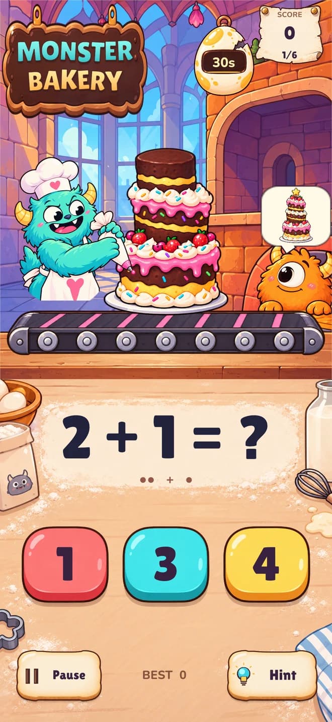 Monster Bakery addition question with three colorful answer buttons and a monster baker