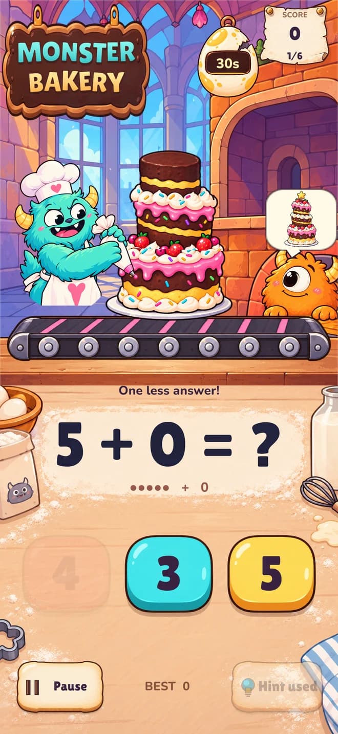 A hint has removed one wrong answer in Monster Bakery