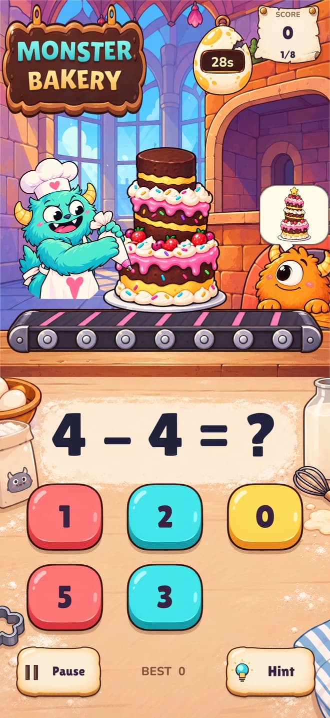 Monster Bakery subtraction question with five choices